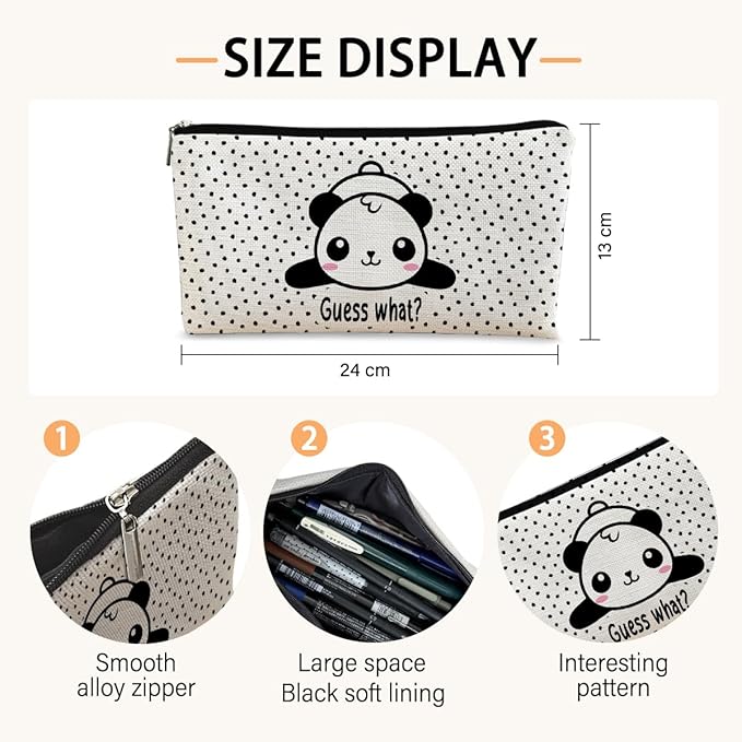 BARPERY Panda Gifts Dots Makeup Bag,Gifts for Panda Lover Wonmen Girls,Cute Baby Panda Guess What It's Pug Butt Cosmetic Bag,Makeup Case for Teen Girls Daughter,Panda Accessories,Canvas Zipper Pouch