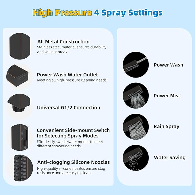 Hibbent All Metal cUPC Certified Shower Head, 8'' High Pressure Rainfall Showerhead Combo, Handheld Shower Wand, 12'' Adjustable Extension Arm, 4-Spray, 71'' Hose, Shower Holder, Oil Rubbed Bronze
