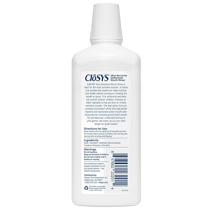 CloSYS Ultra Sensitive Mouthwash, 32 Oz, Pack of 3, Alcohol Free Mouthwash, Unflavored Mouth Wash, Dye Free, pH Balanced, Helps Soothe Entire Mouth