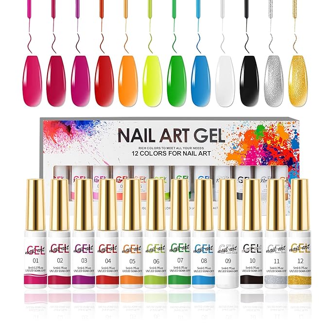 Gel Liner Nail Polish Gel Set Line Art DIY Nail Polish, Ultra-Fine Brush Head French Line Graffiti Flower Stripe Design NailSuitable For NailSalon or Home