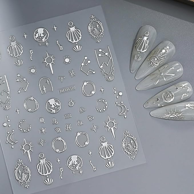 12 Sheets Silver Nail Art Stickers Star Nail Stickers Sun Moon Nail Decals Self Adhesive Evil Eye Nail Art Supplies for Women Girls DIY Manicure Nail Art Decorations