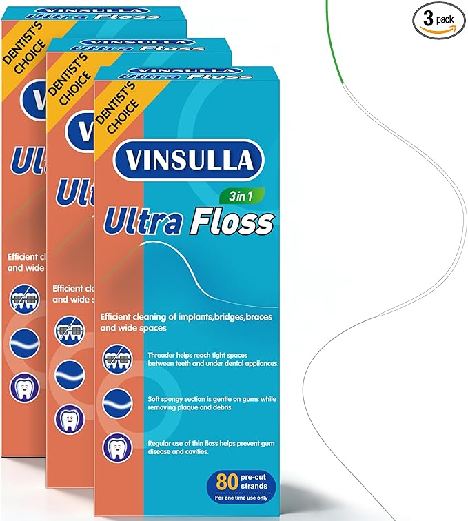 Dental Floss for Braces, Floss Threaders for Bridges and Implants, PTFE & PFAS Free Floss, 80 Pre-Cut Strands (Pack of 3)