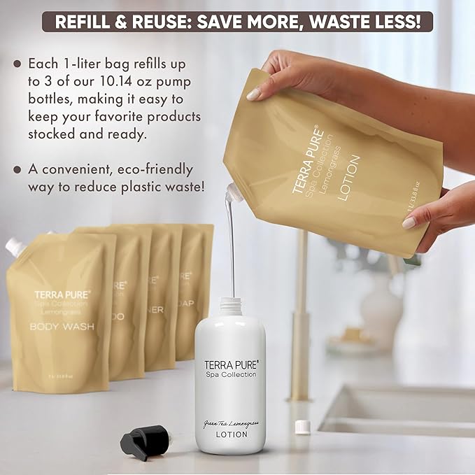 Terra Pure Spa Collection 1 Liter Lotion Refill Bag For Soap Dispensers | Bulk Toiletries for Vacation Rentals, and Home Bathroom Showers | Green Tea Lemongrass | Set of 3
