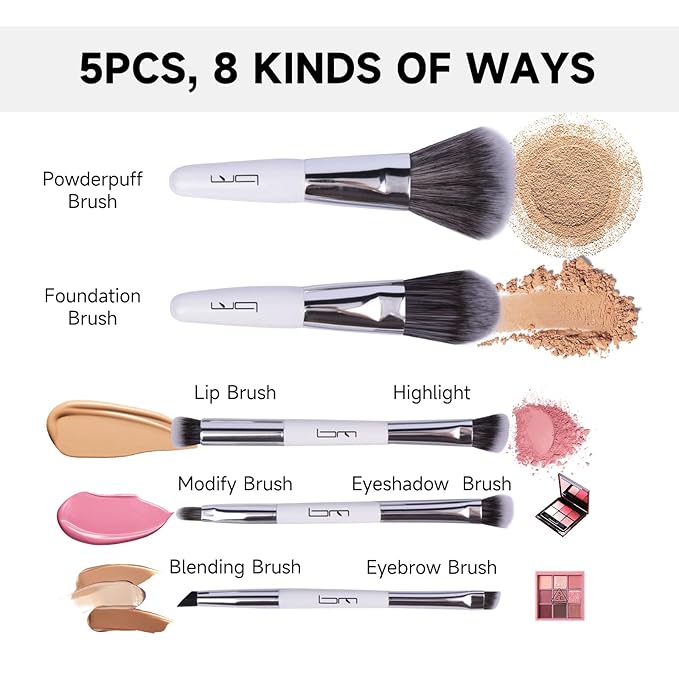 Brush Master Travel Makeup Brushes Set w/Pouch, 5PCS Double Ended Portable Mini Cosmetic Brushes Kit for Foundation, Eyeshadow, Lip, Blush Make Up Brushes Professional(White)