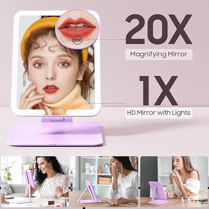 Benbilry Foldable Travel Makeup Mirror with Lights and 20X Magnification, Rechargeable Tabletop LED Vanity Mirror with Adjustable Stand, 3-Colored Dimmable Lighting, Portable Cosmetic Mirror, Purple