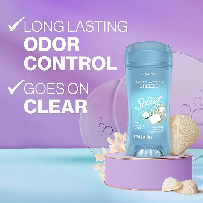 Secret Fresh Antiperspirant Deodorant for Women, 72hr Breathable Sweat & Odor Protection, Instant Freshness & Gentle, PH Balancing Minerals, Clear Gel, Light Ocean Breeze Scent, 2.6 oz