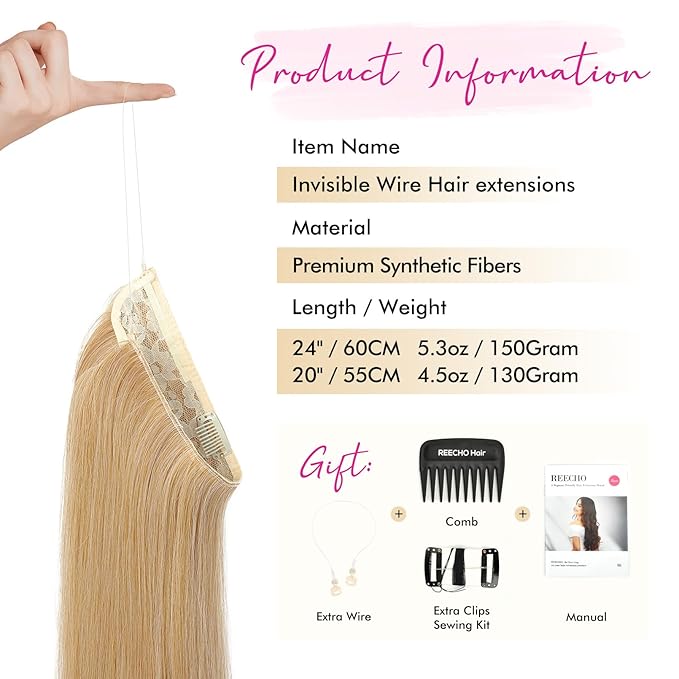REECHO Invisible Wire Hair Extensions with Transparent Headband Adjustable Size Removable Secure Clips in Straight Secret Hairpiece for Women - 20 Inch, Dark Golden Blonde with Highlights