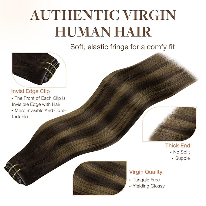 GOO GOO Invisi Edge Clip in Hair Extensions 20inch 130g 7Pcs Injected Seamless PU Clip in Hair Extensions, Virgin Real Human Hair, #2/6/2 Balayage Dark Brown to Chestnut Brown