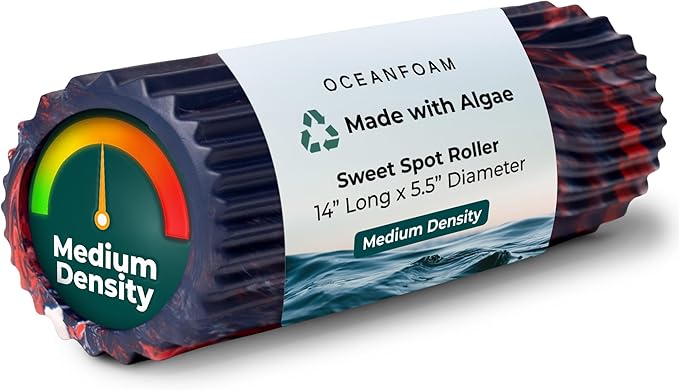 Oceanfoam Sweet Spot Medium Exercise Foam Roller 14"x5.5" – Medium Density Travel Foam Roller for Physical Therapy, Deep Tissue Massage, Yoga, Pilates, Wave Texture (Dark Navy, Red & Natural Marbled)