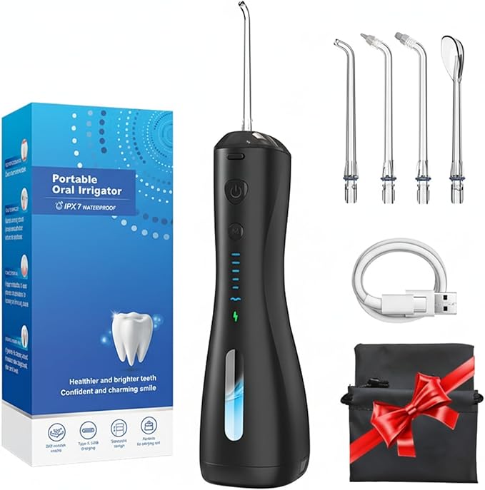 Portable Cordless Water Flosser for Teeth Cleaning – 6 Modes, 30-140 PSI, USB Type-C Rechargeable 2000mAh Battery, IPX7 Waterproof, 4 Nozzles, Ultra-Quiet, Travel-Friendly Oral Irrigator (Black)