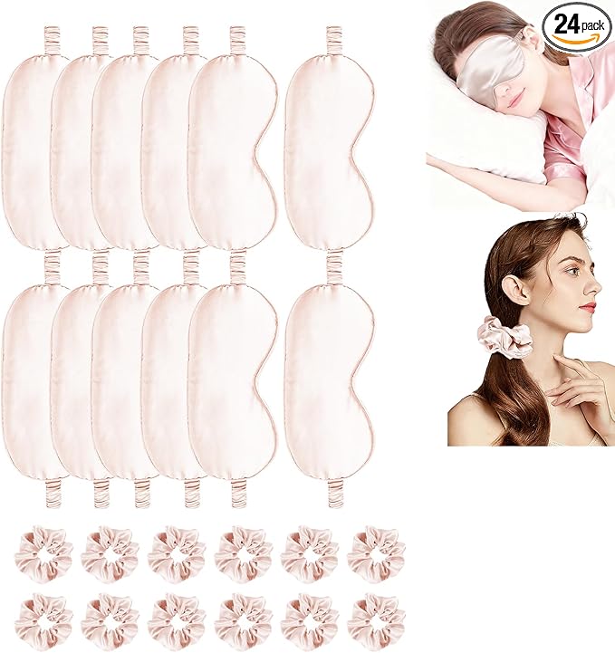 24Pcs Satin Eye Mask Silk Sleep Masks Silky Eyes Cover Blackout Blindfold Eyeshade Scrunchies Hair Ties Travel Wedding Gift