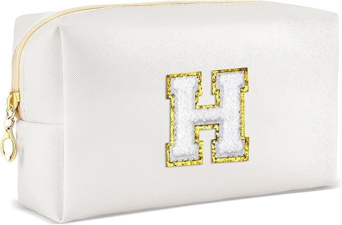 URSKYTOUS Gifts for Girls Initial Makeup Bag Personalized Cosmetic Bag with Zipper Cute Travel Toiletry Bags Waterproof PU Preppy Makeup Pouch Birthday Gift for Teen Girls Women(White H)