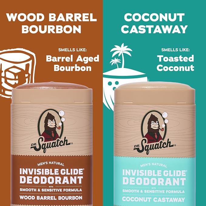 Dr. Squatch Invisible Glide Natural Men’s Deodorant – Smooth Glide, No Stains – Aluminum Free Deodorant Men – Safe for Sensitive Skin – Wood Barrel Bourbon + Rainforest Rapids, 2.65oz (2-Pack)