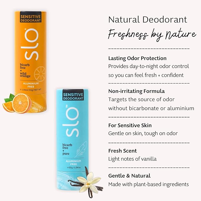 Slo Natural Deodorant Bicarb Free + Sensitive & Wild Orange + Bicarb Free - 2 Pack (2 x 1.94 Oz)