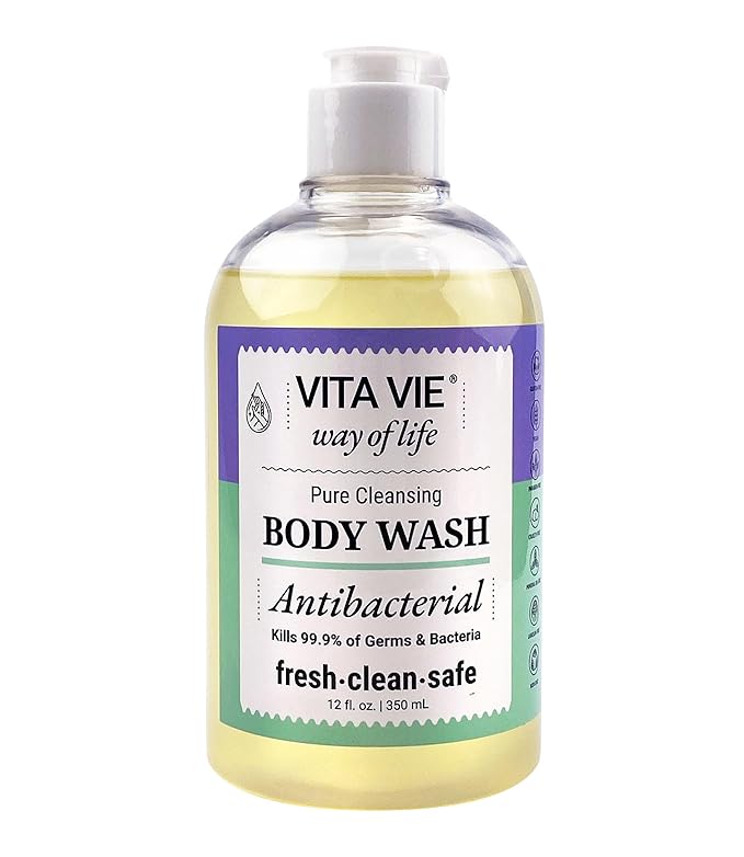 VITA VIE Body Wash, Lemon Scent, Antibacterial Soap for Hands and Forearms With Hazel, Willow Bark Extract, and Tea Tree Oil, Clean Nourishing Formula, Vegan, Paraben Free, Non GMO, 12 FL Oz