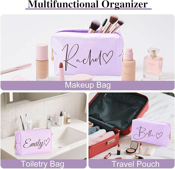 Fincekoom Valentines Day Gifts for Her Teen Girls, Personalized Makeup Bag with Name & Birth Flower, Custom Leather Cosmetic Bags for Women, Customized Travel Toiletry Bag Gifts for Bridesmaid Wedding