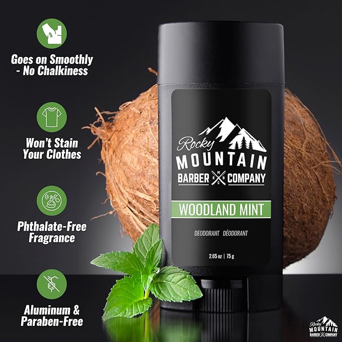 Natural Deodorant for Men – 2 Pack - Aluminum Free - Made in USA with Simple, Plant-Based Ingredients & Peppermint Essential Oil – Woodland Mint Scent – 2.65 oz each by Rocky Mountain Barber Company