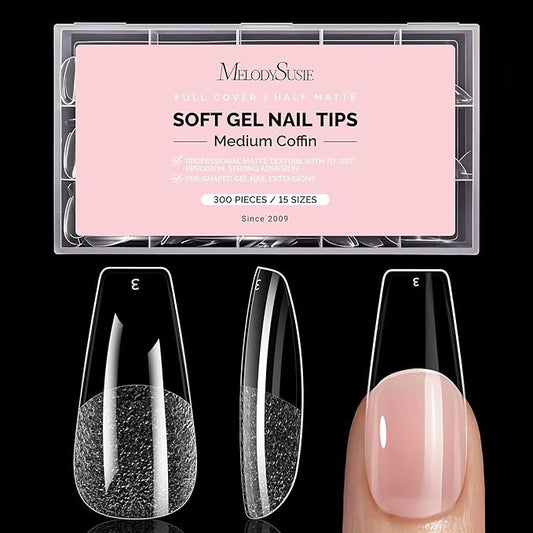 MelodySusie Medium Coffin X Nail Tips - 300Pcs 15 Sizes Clear Acrylic, Half Matte Full Cover Press on Nails for DIY Extension & Salon Use, Pre-Shaped for Long-Lasting Manicure