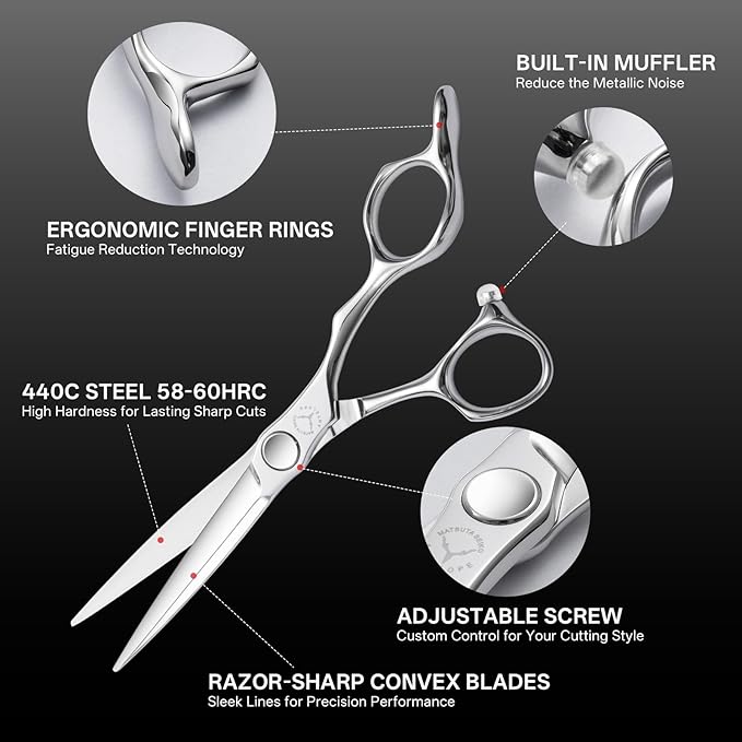 Professional Hair Cutting Scissors 6 Inch – 440C Stainless Steel Barber Shears with Convex Edge, Lightweight Ergonomic Haircut Scissors for Stylists, Apprentices & Home Use