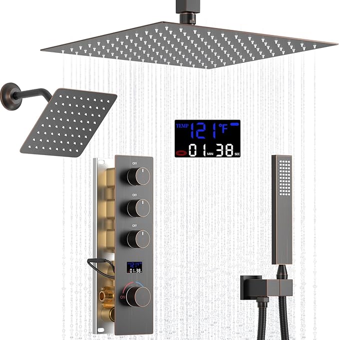 AYIVG Oil Rubbed Bronze Thermostatic Rainfall Shower System 12 Inch And 8 Inch Dual Square Shower Head System Ceiling Mount Temperature Display Shower Faucet Set With Handled Spray