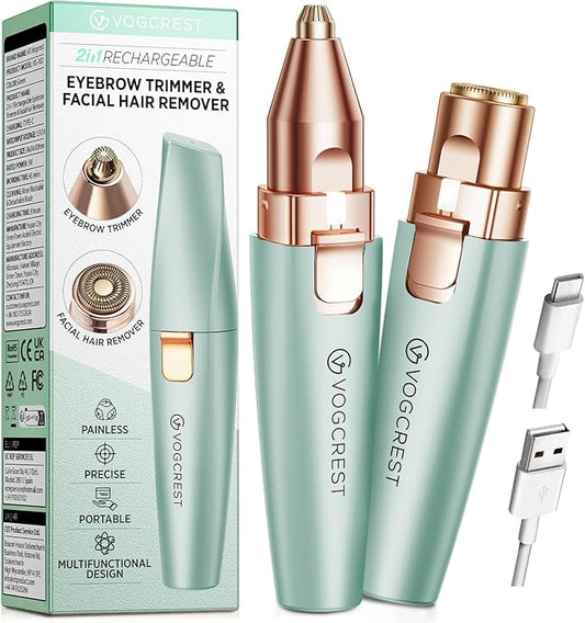 Eyebrow Facial Trimmer: 2 in1 Rechargeable Facial Hair Removal and Eyebrow Shaver - Face Lips Body Painless Facial Razor with Built-in LED Light (Pastel Green)