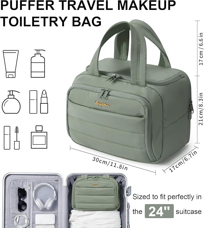 Bagstellar Travel Toiletry Bag, Lightweight Wide-open Large Puffy Toiletry Bag for Women, Quilted Makeup Bag Organizer Water-resistant Cosmetic Bag with Handle for Toiletries, Essentials, Accessories