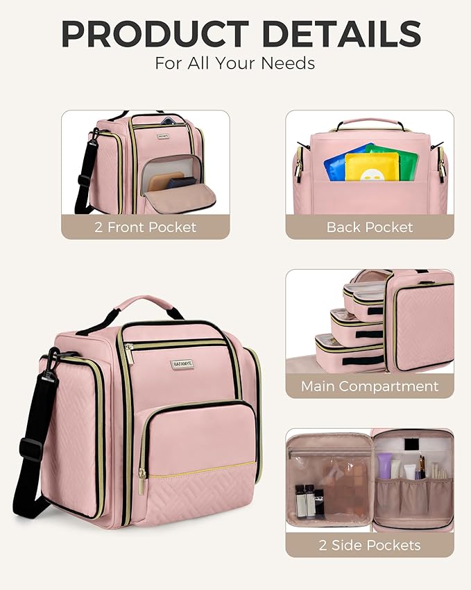 BAFAMYE Large Travel Makeup Bag - Cosmetic Organizer with 4 Removable Inner Pockets, Multi-functional Toiletry Bag for Accessories & Brushes, Women's Beauty Case, Pink