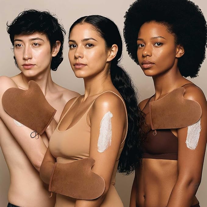 Premium Self-Tanning Kit – 4-Piece Professional Tan Applicator Set with 2 Mitts, Back Strap & Kabuki Brush | Streak-Free Fake Tan Mitt for Body & Face | Vegan Leather, Waterproof