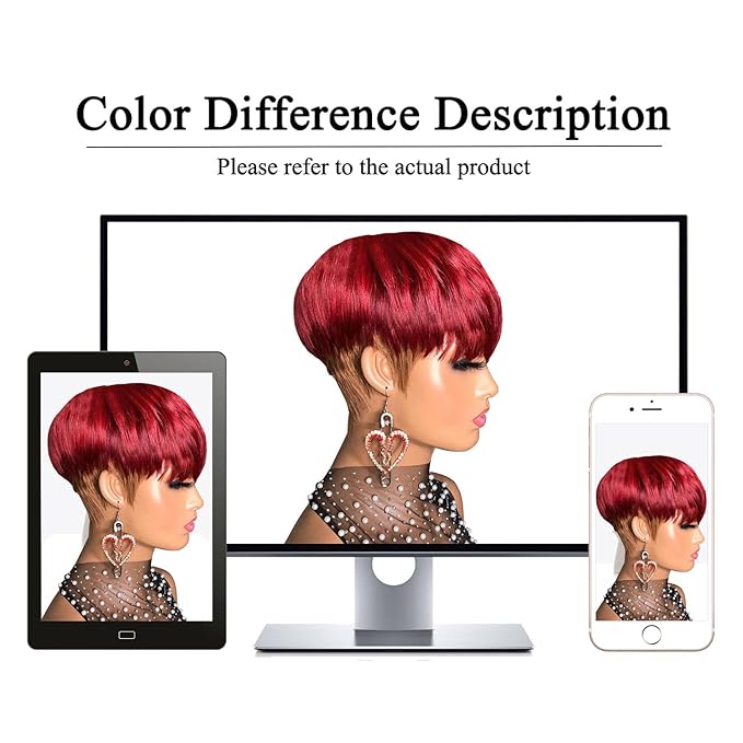 Short Pixie Cut Wig for Black women Human Hair glueless wig for women Burgundy Red with Brown Colored Brazilian Virgin Human Hair Short Layered Wavy Non Lace Front Wigs with Bangs