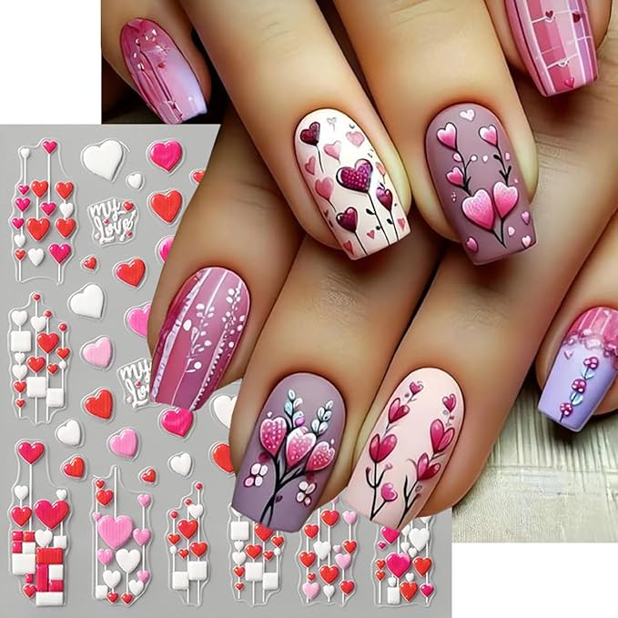 3 Sheets Heart Nail Stickers Red Pink Heart Nail Decals 3D Self Adhesive Valentine Heart Love Nail Art Sticker Holiday DIY Manicure Decoration Supplies Accessories for Women