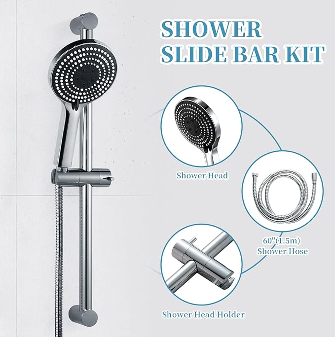 OFFO Shower Slide Bar Combo, Adjustable 40 in Slide Bar with 6-Mode High Pressure Handheld Shower Head and 60 in Stainless Steel Hose, Screw Wall Mounted, Chrome