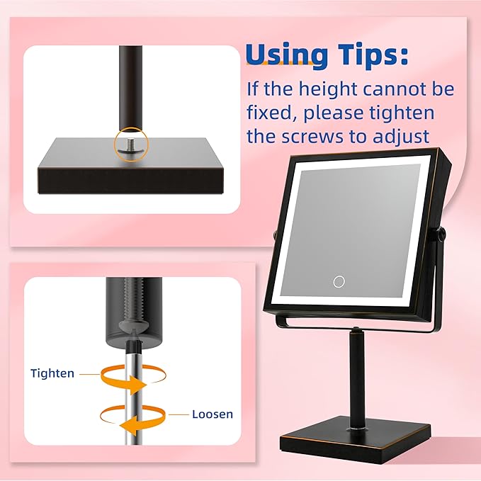 Ruacq Rechargeable Makeup Mirror, 4000mAh Lighted Makeup Mirror with Magnification 1X/10X, Height Adjustable Vanity Mirror with Lights, 3 Color Lights, Adjustable Brightness, (Oil Rubbed Bronze)