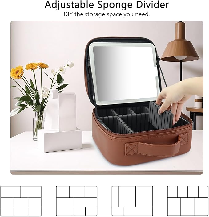 SLUMAZI Travel Makeup Bag with LED Mirror Travel Makeup Organizer with 3 Lighted Settings, Adjustable Dividers and Makeup Brush Storage Bag Dark Brown