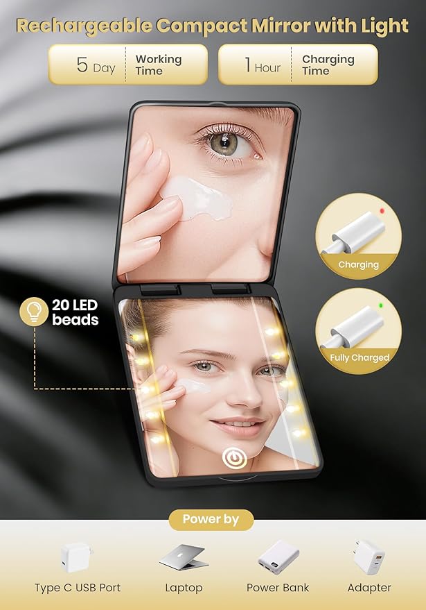 Compact Mirror, Rechargeable 30X Magnifying Mirror with 3 Lighting Modes & Dimmable Brightness, Portable Travel Makeup Mirror with Light, Essentials for Travel, Pocket, Purse, Gifts for Women Black
