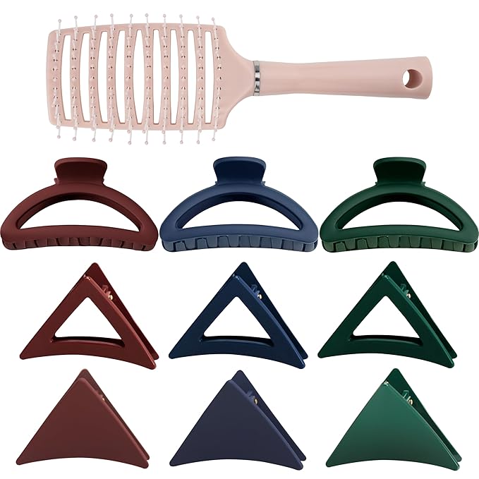 Bold Tones Hair Accessories Set - 9 Medium Hair Clips (Arched & Triangle), 1 Hair Brush | Non-Slip Hair Clips for Thin Hair (Burgundy, Navy, Forest Green)
