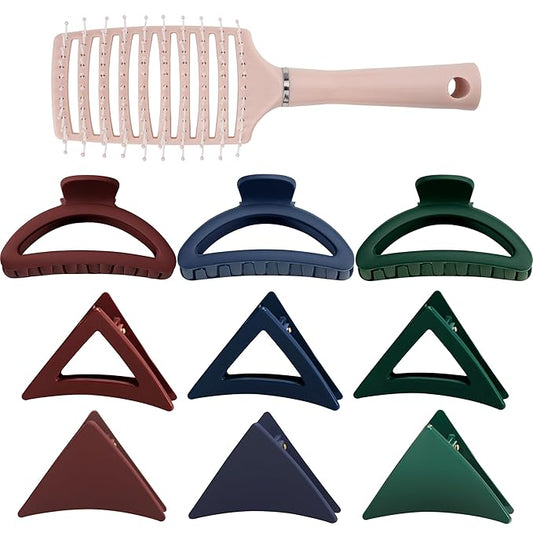 Bold Tones Hair Accessories Set - 9 Medium Hair Clips (Arched & Triangle), 1 Hair Brush | Non-Slip Hair Clips for Thin Hair (Burgundy, Navy, Forest Green)