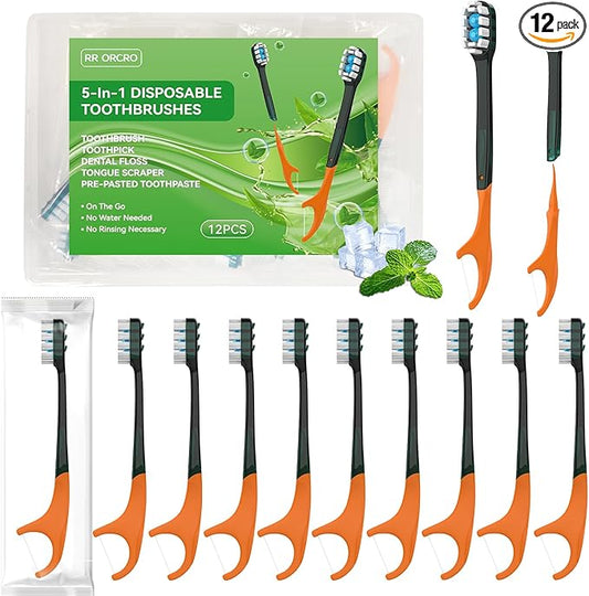 12Pack Disposable Toothbrushes with Toothpaste + Pick + Floss + Tongue Scraper 5-in-1 Mini Prepasted Travel Toothbrush for Hotel Camping Flight Car Single Use Portable Individually Wrapped | Mint