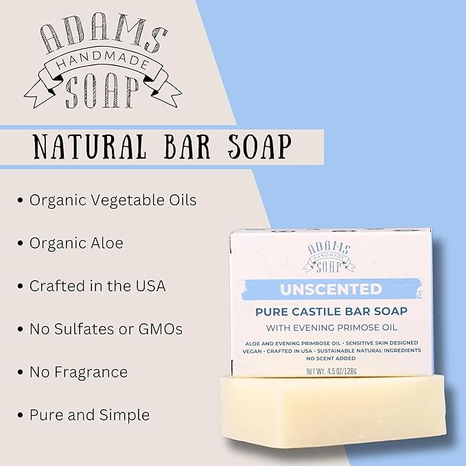 Adams Handmade Soap Unscented Pure Castile Bar Soap – 4.5 oz | With Evening Primrose Oil | Vegan, Cold Process, 84% Organic, Fair Trade, No Fragrance, Sensitive Skin Safe, USA Made