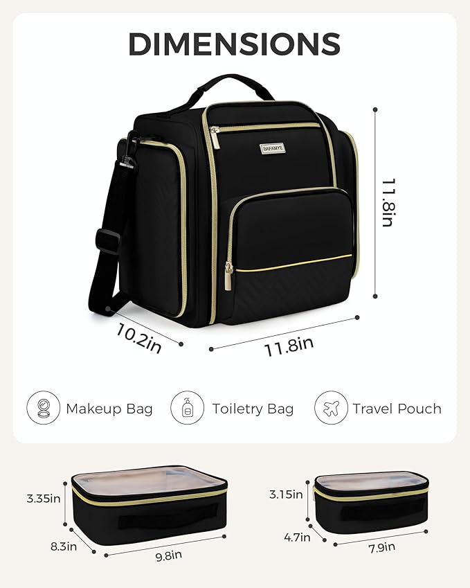 BAFAMYE Large Travel Makeup Bag - Cosmetic Organizer with 4 Removable Inner Pockets, Multi-functional Toiletry Bag for Accessories & Brushes, Women's Beauty Case, Black