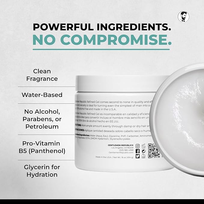 Gentlemen Republic 16oz Refined Hair Gel w/Pump - Professional Formula for 24 Hour Shine and Hold, Humidity Resistant, 100% Alcohol-Free and Never Flakes, Made in the USA