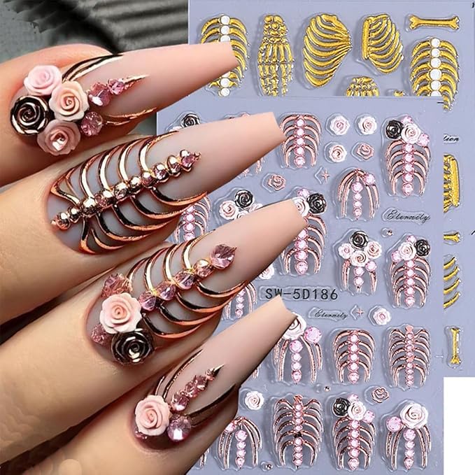 3 Sheets Halloween Nail Stickers for Nail Art 5D Embossed Halloween Skull & Skeleton Nail Art Stickers Decals Gothic Nails Design Rose Gold Hand Bone Nail Supplies for Women Holiday Nails