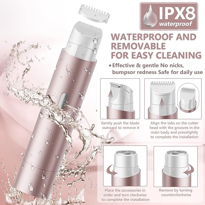 Bikini Trimmer for Women 2-in-1 Electric Shaver and Razors IPX8 Waterproof for Wet & Dry Use Painless Hair Trimmer Removal for Body, Underarms, Legs and Face for Sensitive Skin,Rose Pink