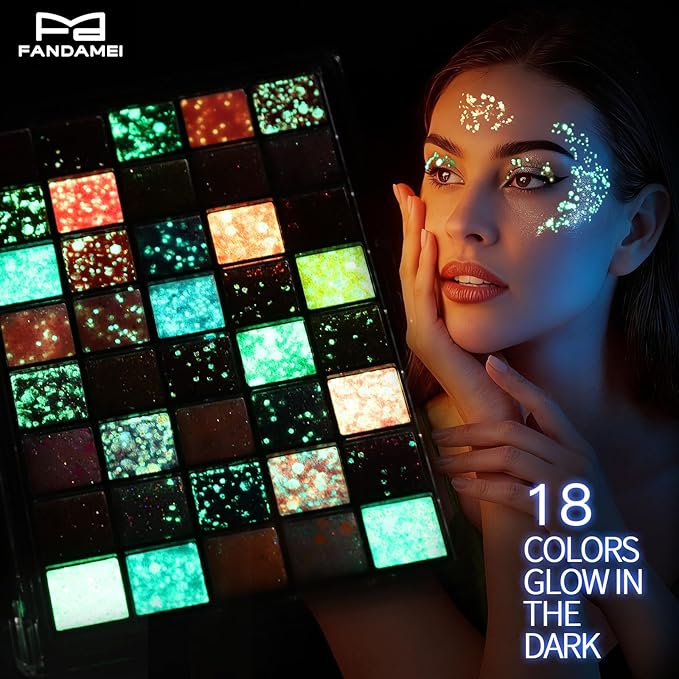 FANDAMEI 40 Colors Face Glitter, 18 Colors Glow in The Dark Glitter&22 Colors Vibrant in Daylight, Body Glitter Hair Glitter Face Glitter for Kids Women for Halloween Rave Festival Party Makeup