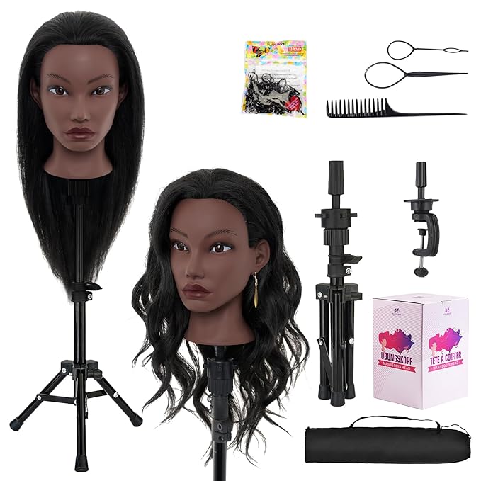 20 Inch Mannequin Head Human Hair with Stand,100% Real Hair Mannequin Head for Braiding,Cosmetology Manikin Doll Head for Styling with Mannequin Head Stand Table Clamp Hair Braiding Set