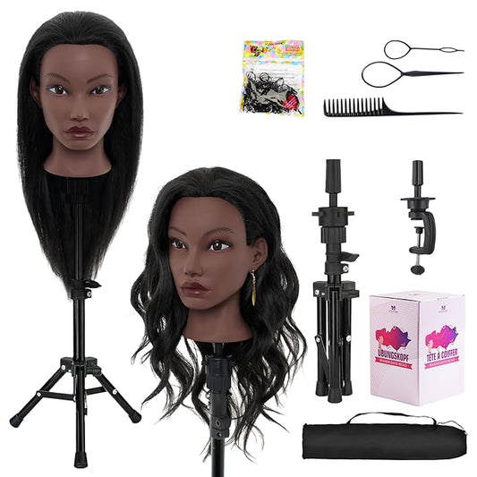 20 Inch Mannequin Head Human Hair with Stand,100% Real Hair Mannequin Head for Braiding,Cosmetology Manikin Doll Head for Styling with Mannequin Head Stand Table Clamp Hair Braiding Set