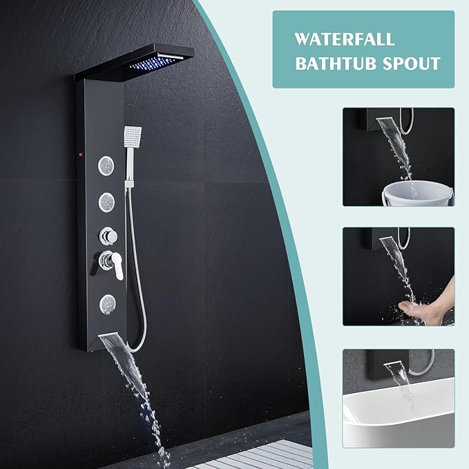 KINKIB LED Shower Panel Tower System, 6-in-1 Shower Tower with Rainfall Waterfall Shower Head, 2 Modes Powerful Body Jets, Handheld Shower and Tub Spout, Stainless Steel Shower Column, Black