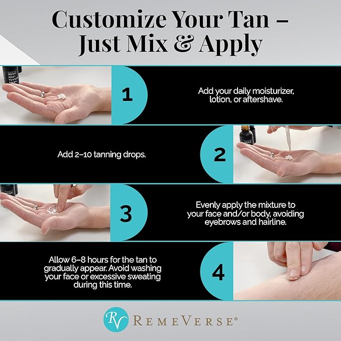 RemeVerse Men’s Self-Tanning Drops - Achieve Natural-Looking Even Skin Tone with Customizable Sunless Tanner for Men - Post-Shave Skin Protection - Ideal for All Skin Types and Tones - 1 oz