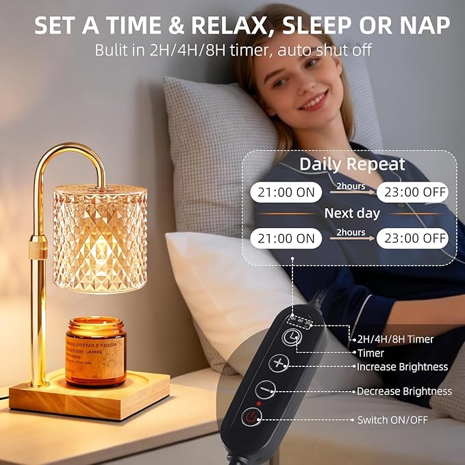 Candle Warmer Lamp with Timer Dimmer Adjustable Height, Candle Warmer with 2 Bulbs for Jar Candles, Home Decor, for Women Birthday
