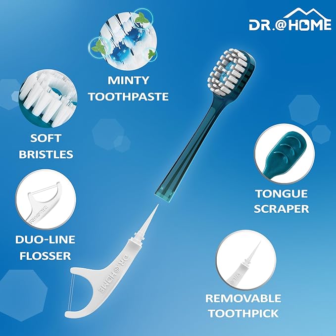 Disposable Travel Toothbrush on The go, Oral Care Set, Prepasted Mini Toothbrush 5 in 1 (Mint Paste+ Soft Bristles+Flosser+Pick+Tongue Scraper) | Individually Wrapped 24 Count - 1 Pack
