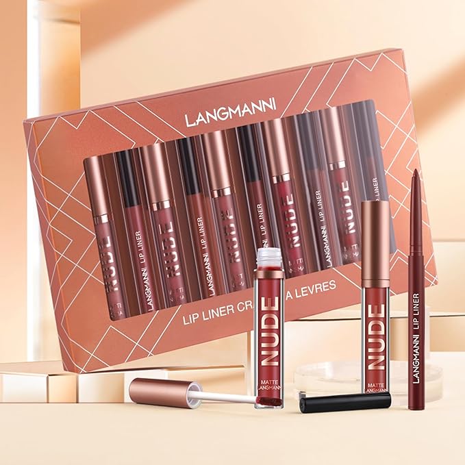 Jolilab 12Pcs Matte Lip Liner + Liquid Lipstick Set, One Step Velvety Nude Lip Stain Waterproof Long Wear High Pigment Lip Makeup Gift Set（Set A